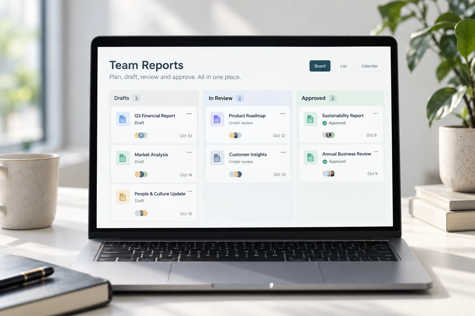 Shared team workflow board with draft and approval states