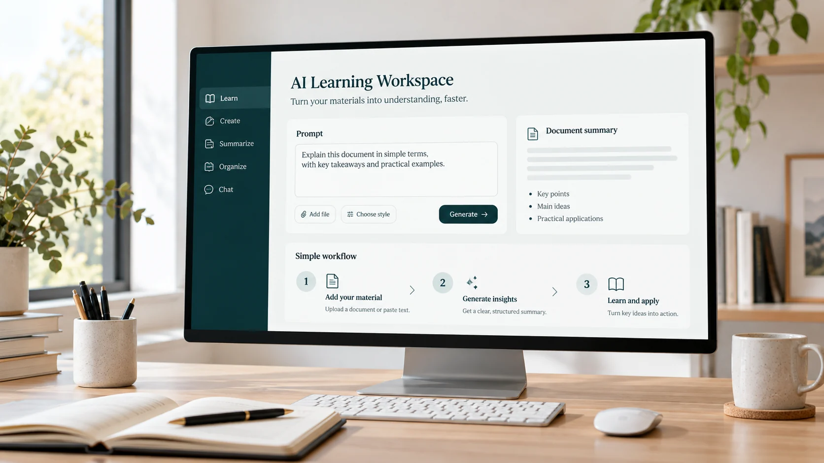 AI learning workspace with prompt editor, document summary and workflow