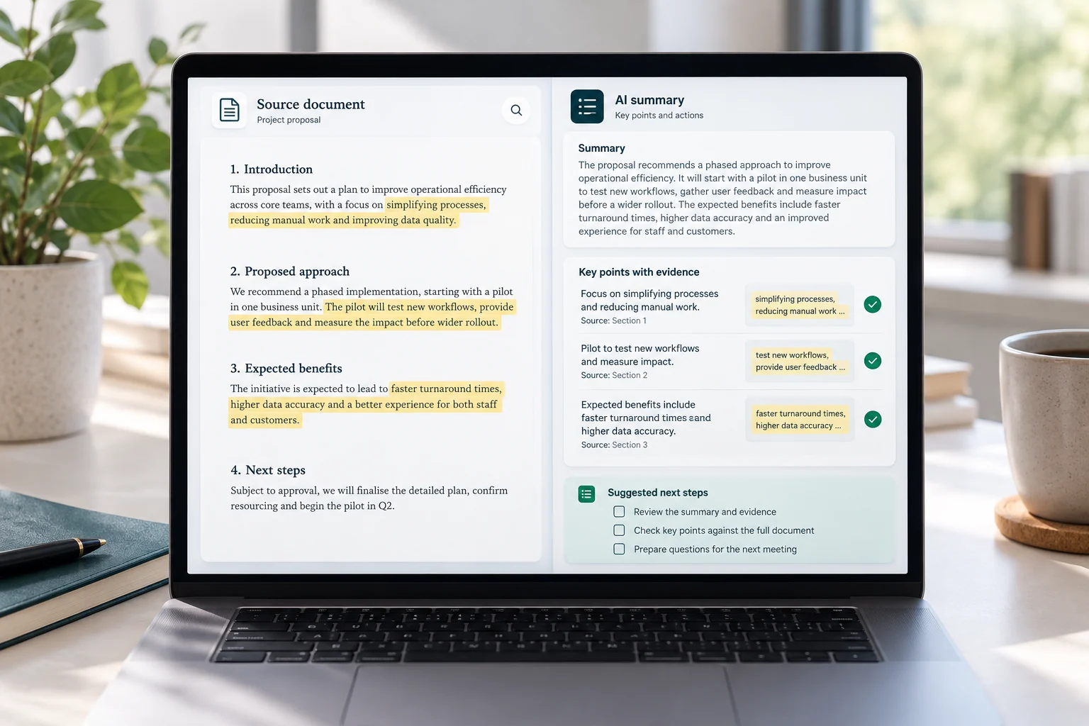 Source document beside an AI summary for evidence checking