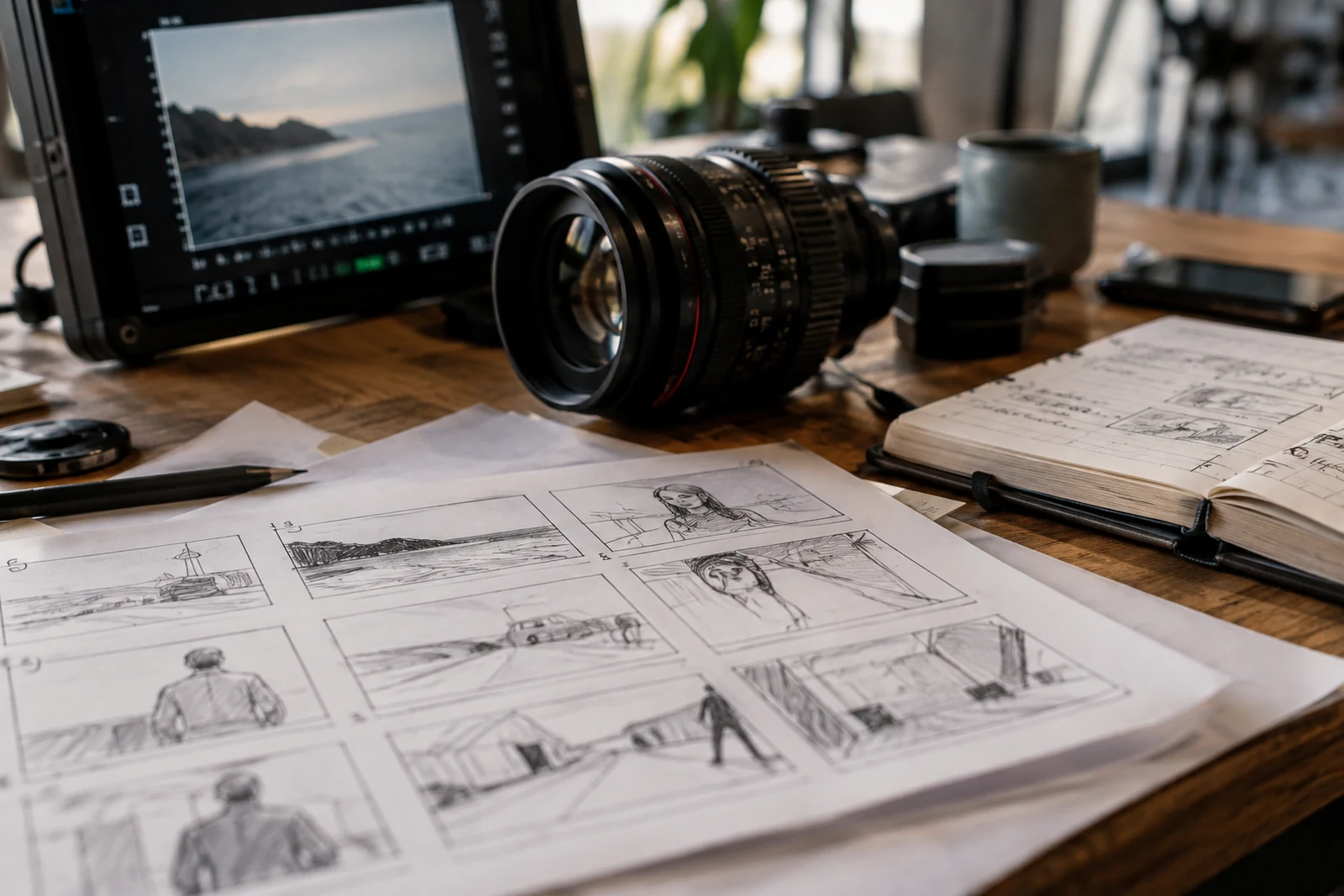 Reviewing storyboard sketches and camera choices