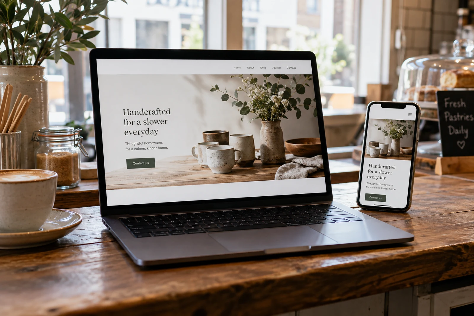 Business website displayed on a laptop and phone