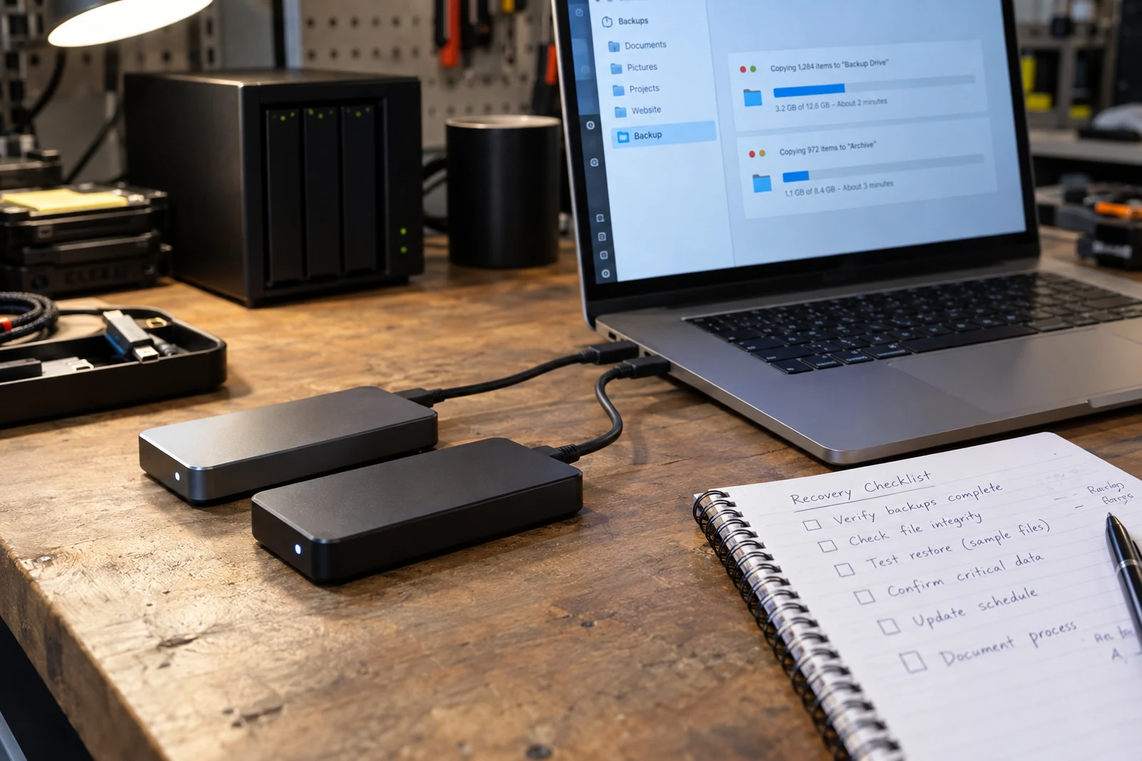 External drives used in a website recovery workflow