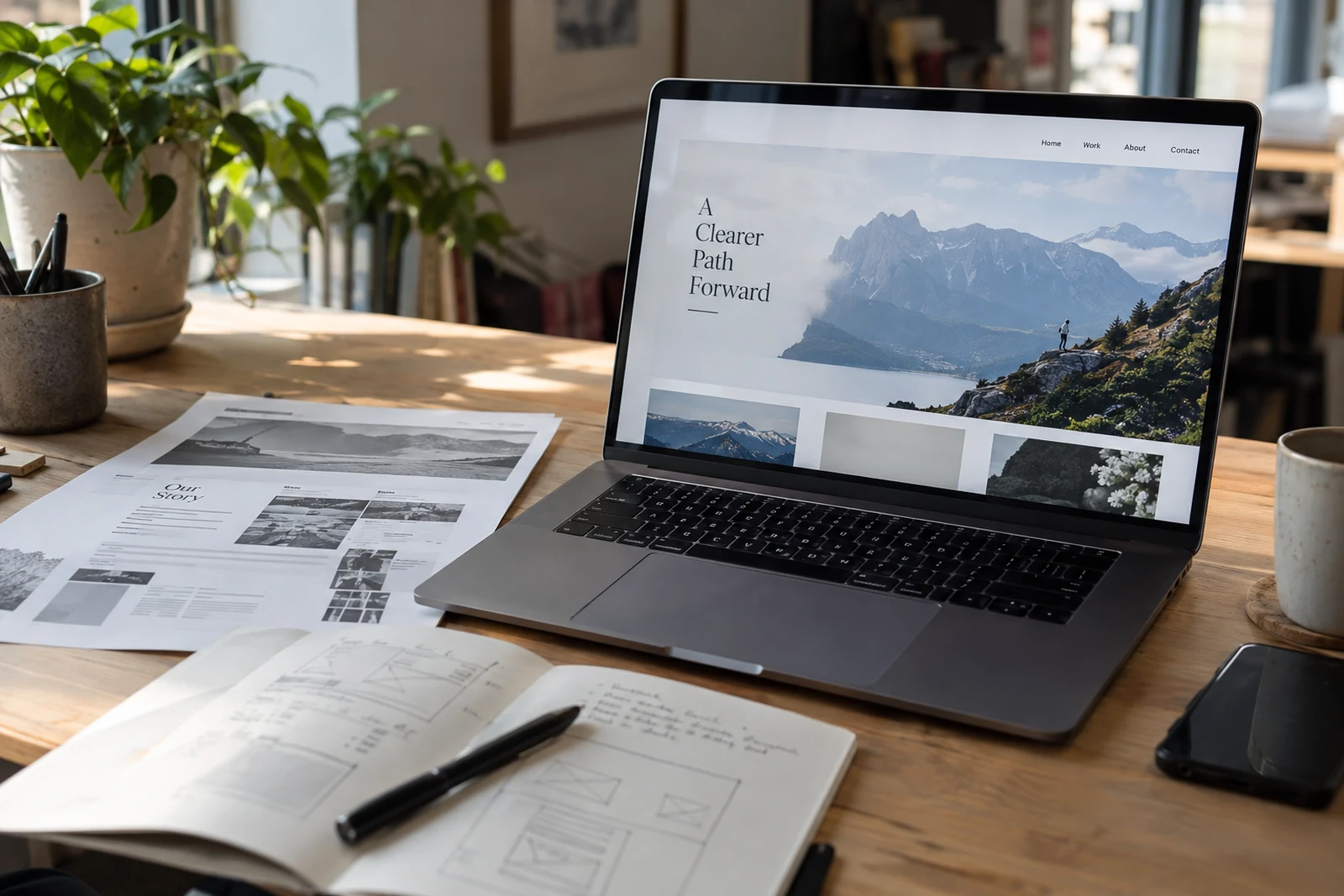 A website redesign reviewed beside an earlier page proof