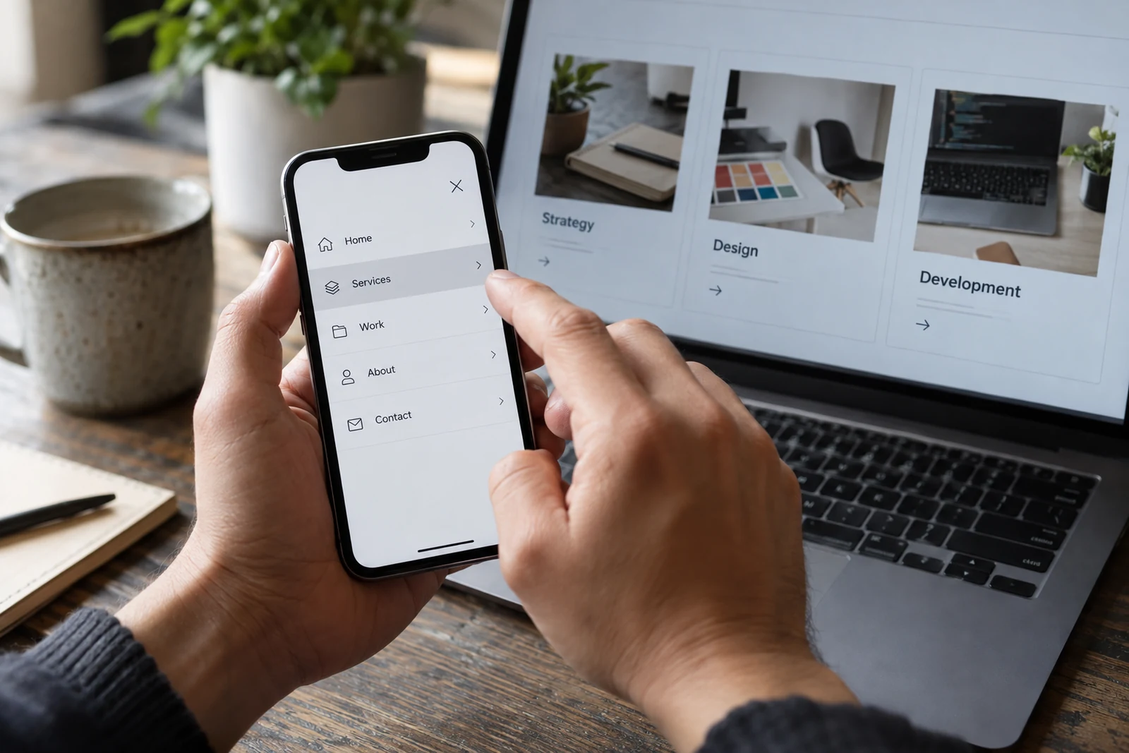 Reviewing redesigned website navigation on a phone