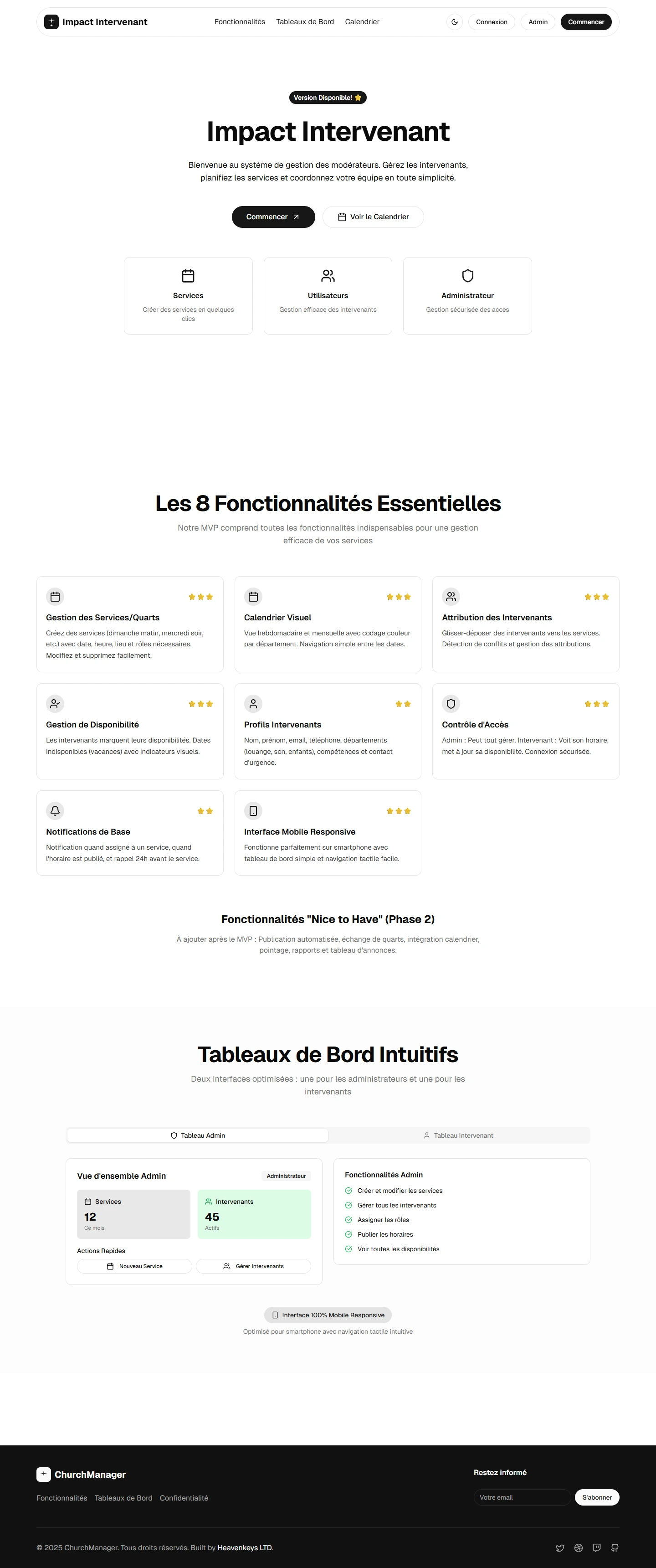 Impact Intervenant — Church team management application — Homepage desktop screenshot