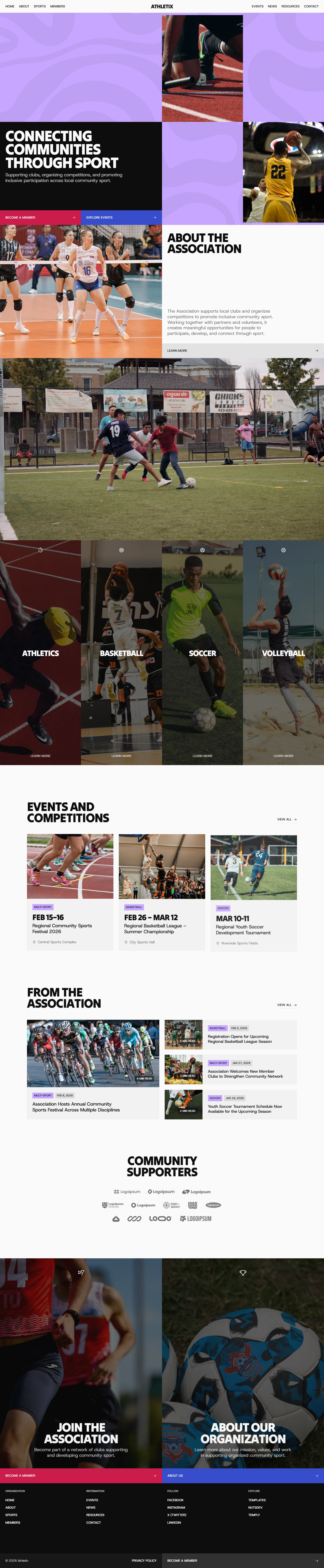 Athletix — Sports association website — Homepage desktop screenshot