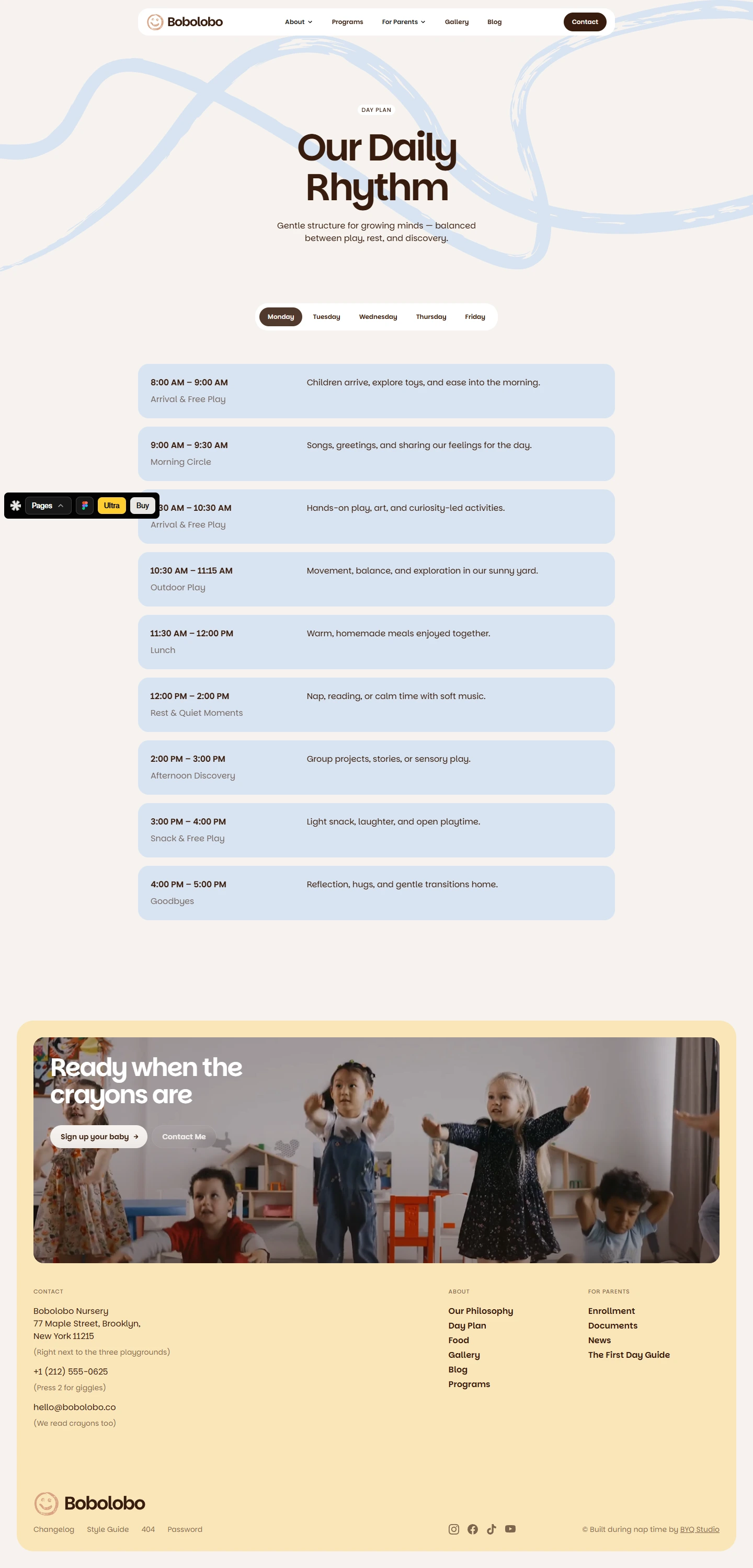 Bobolobo — Early childhood education website — Day Plan desktop screenshot