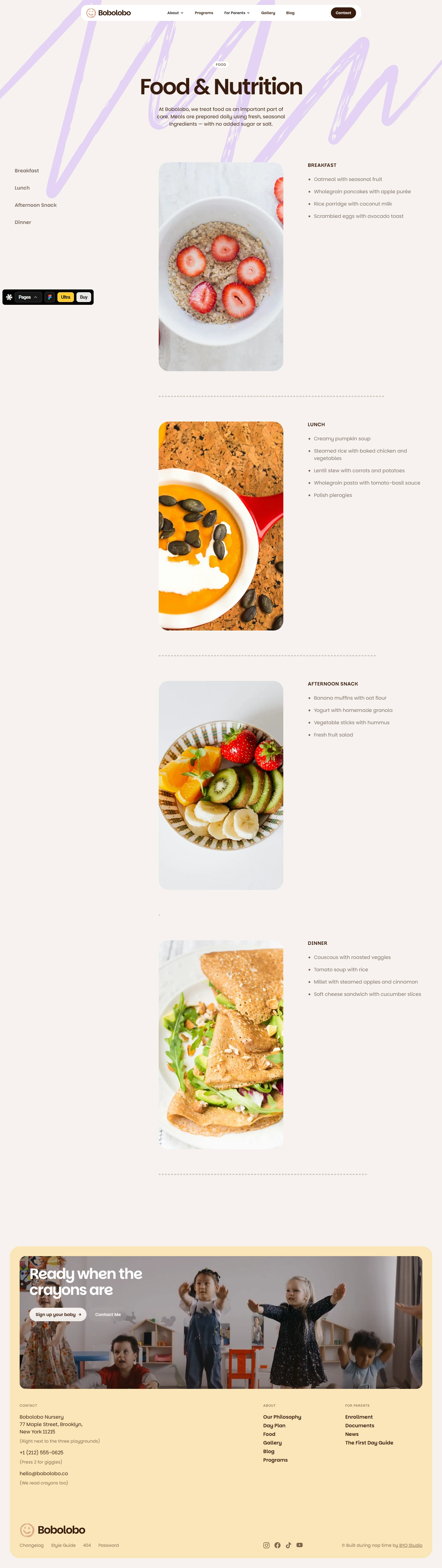 Bobolobo — Early childhood education website — Food desktop screenshot