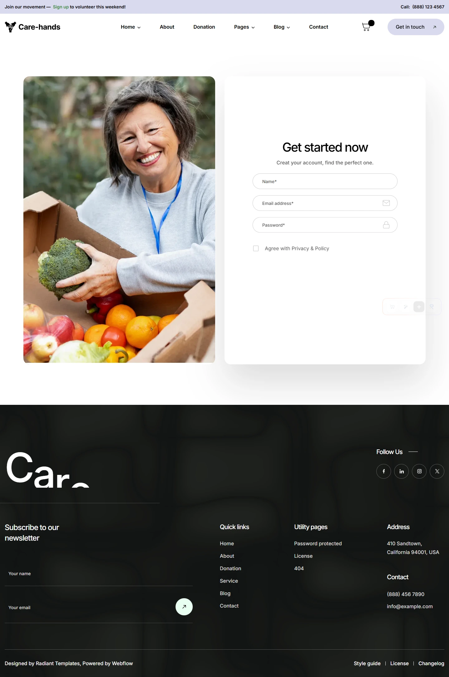 Care-hands — Nonprofit fundraising website — Sign up desktop screenshot