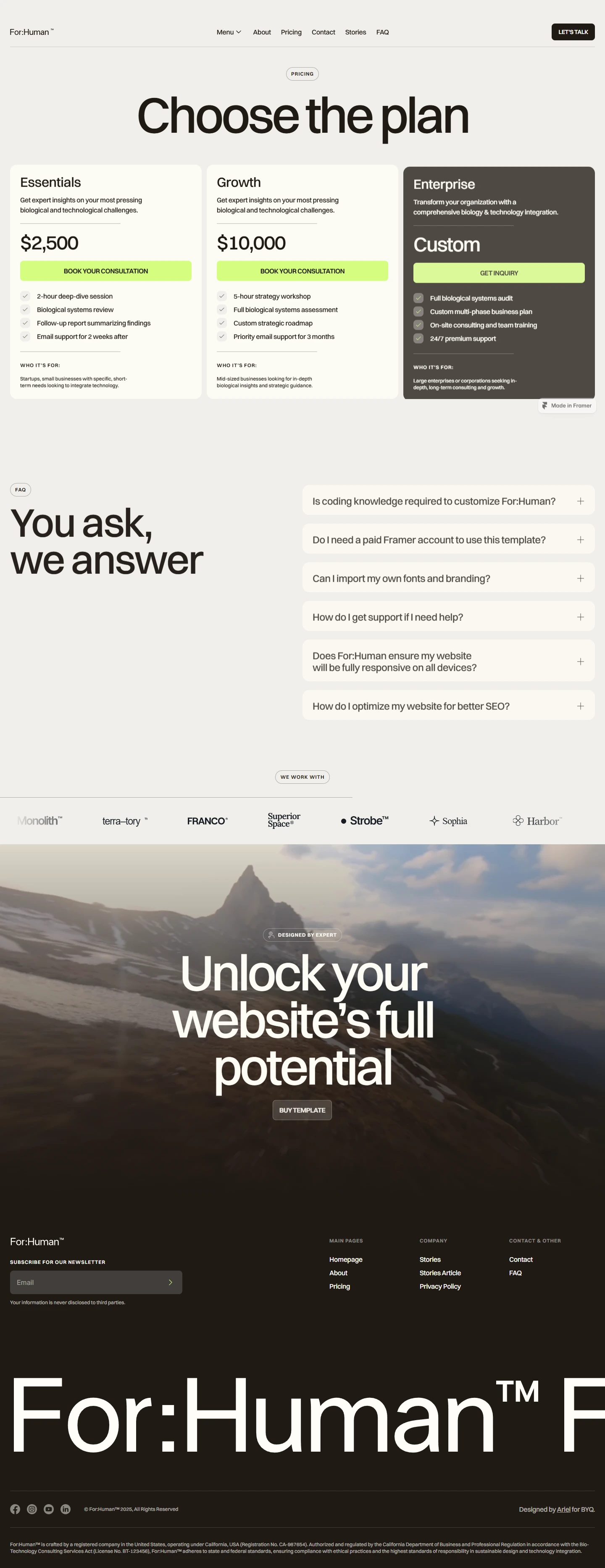 For:Human — Brand storytelling website — Pricing desktop screenshot