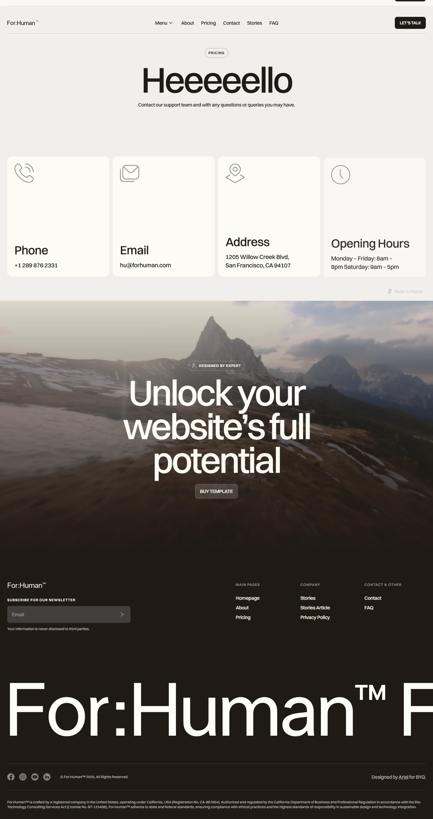 For:Human — Brand storytelling website — Contact desktop screenshot