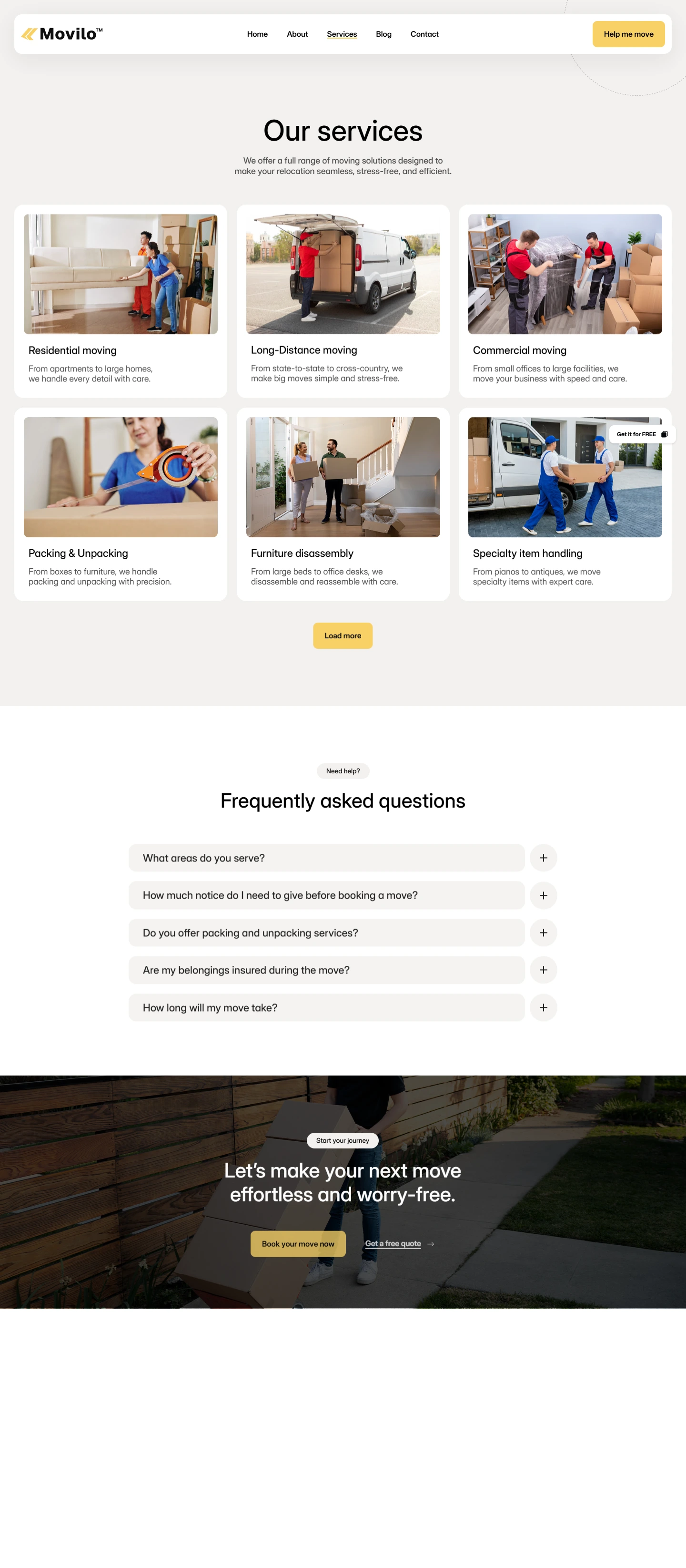 Movilo — Moving services website — Services desktop screenshot