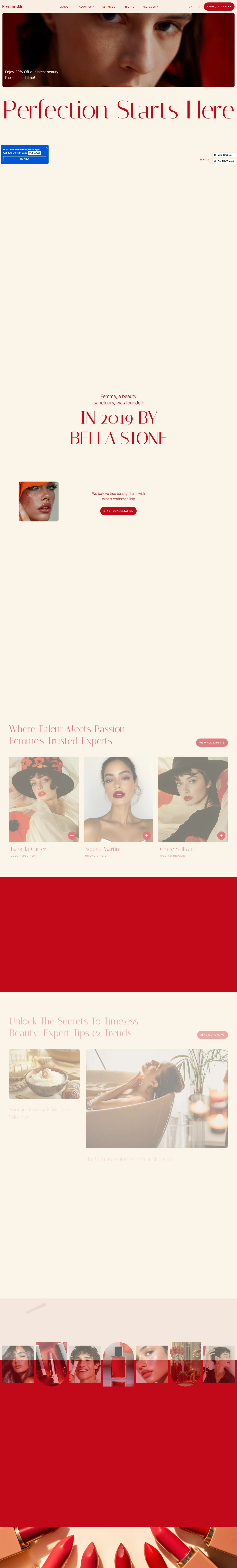 Femme — Hair and beauty salon website — About Us desktop screenshot