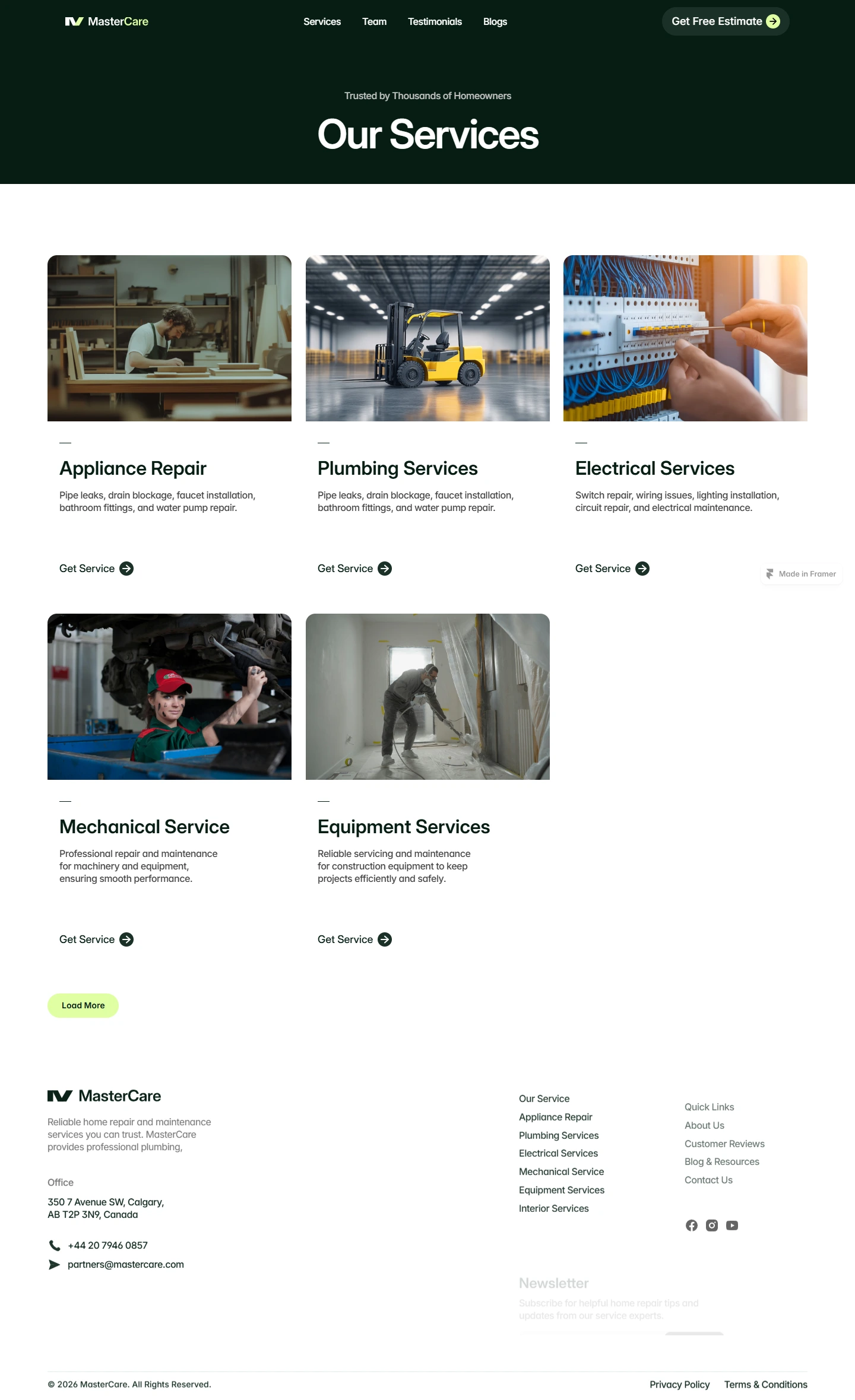 Mastercare — Plumbing and home repair website — Services desktop screenshot