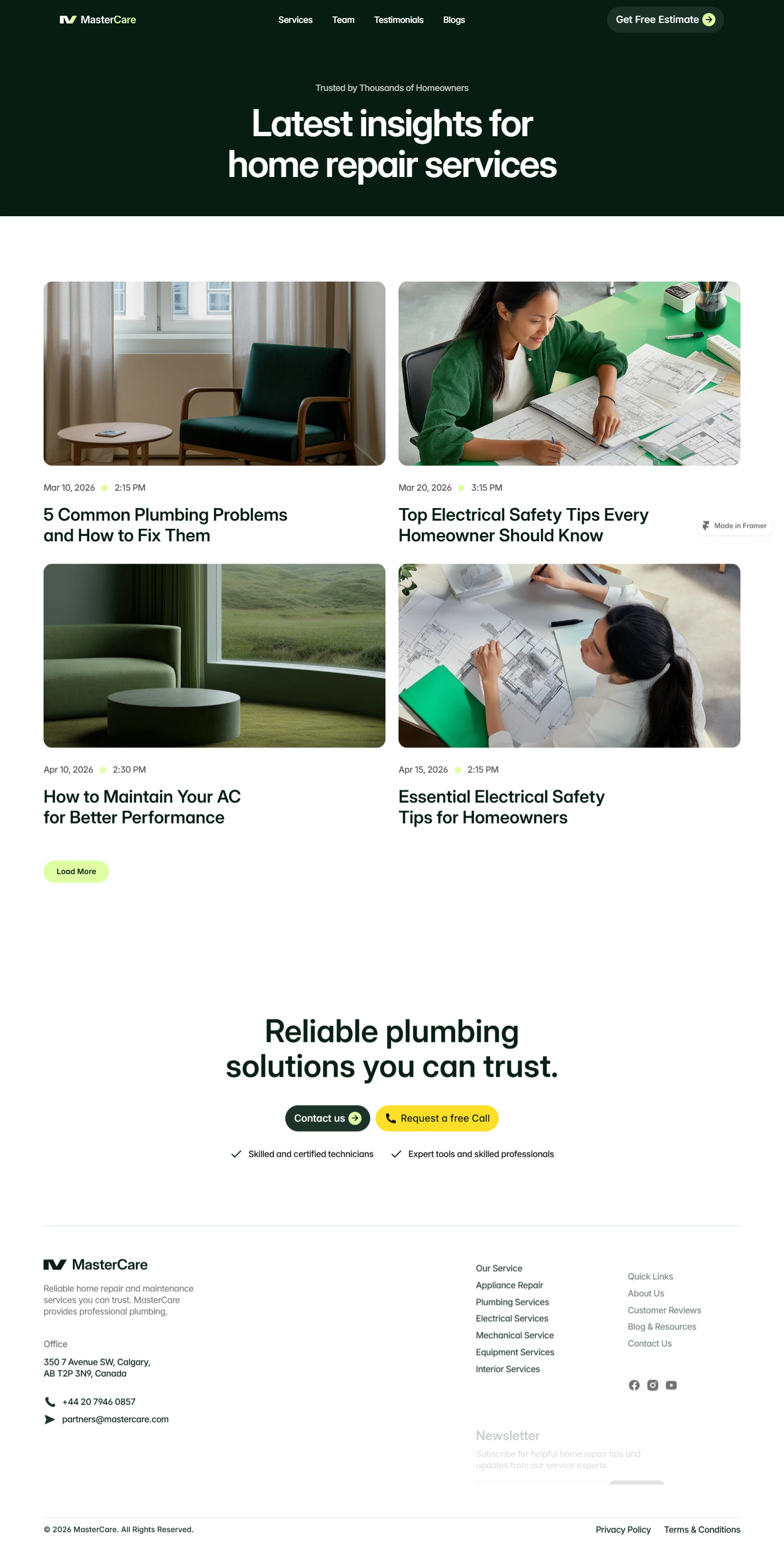 Mastercare — Plumbing and home repair website — Blogs desktop screenshot