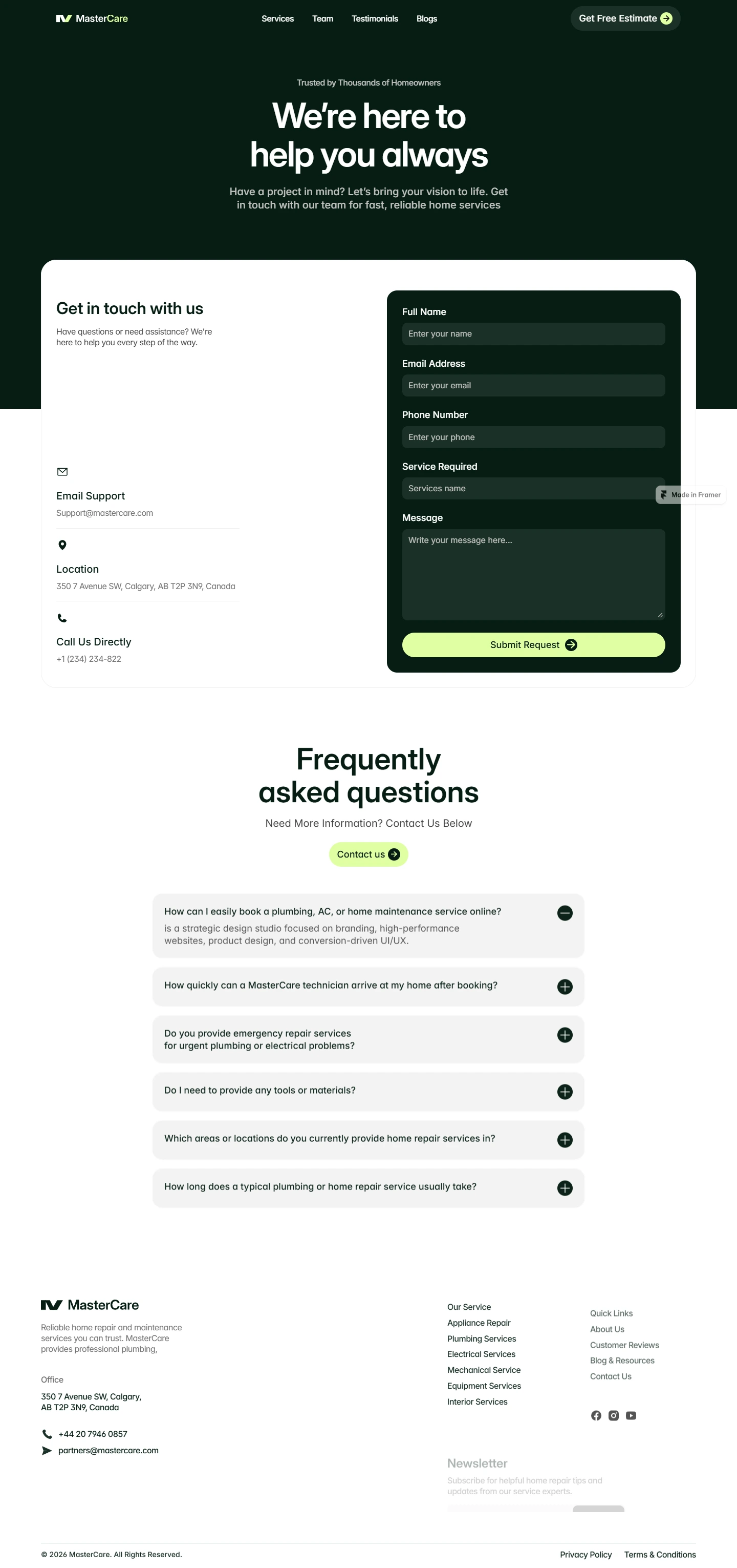 Mastercare — Plumbing and home repair website — Get Free Estimate desktop screenshot