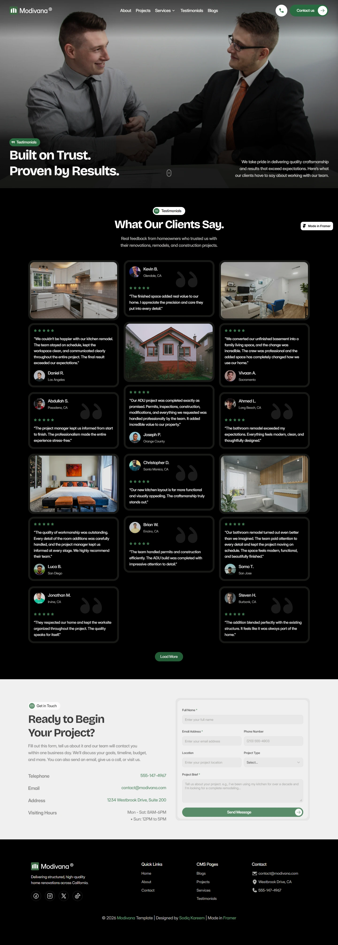 Modivana — Home renovation website — Testimonials desktop screenshot