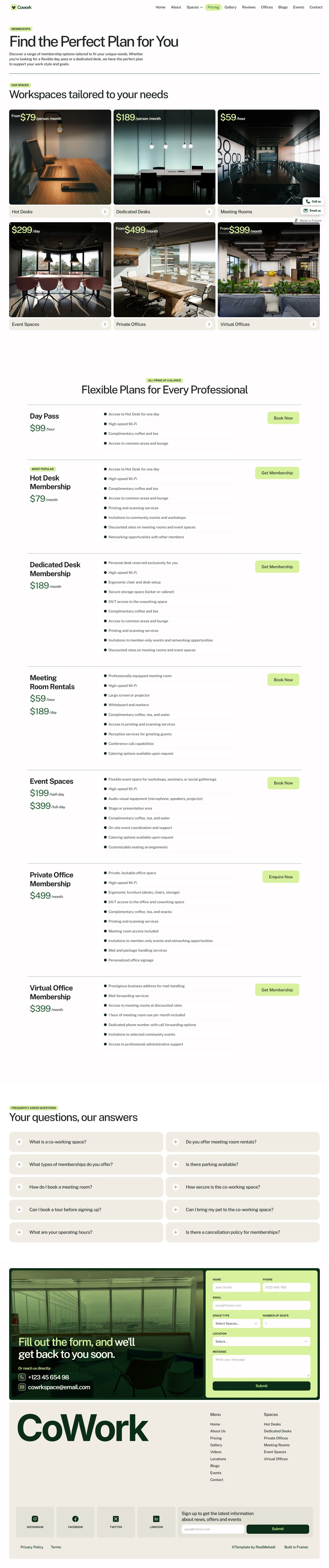 Cowork — Coworking website — Pricing desktop screenshot