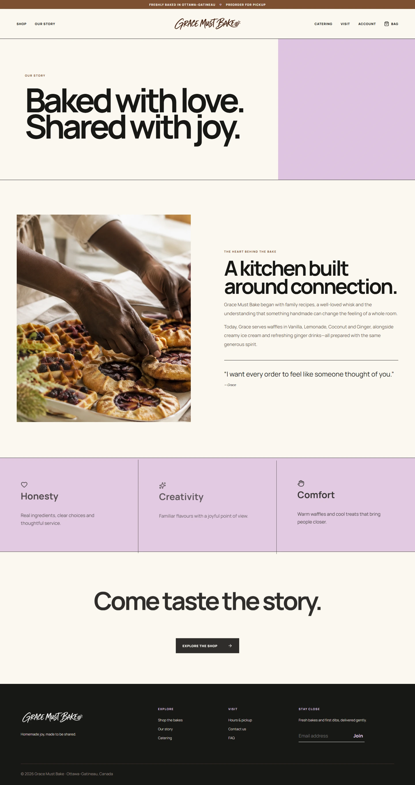 Grace Must Bake — Bakery ecommerce website — OUR STORY desktop screenshot