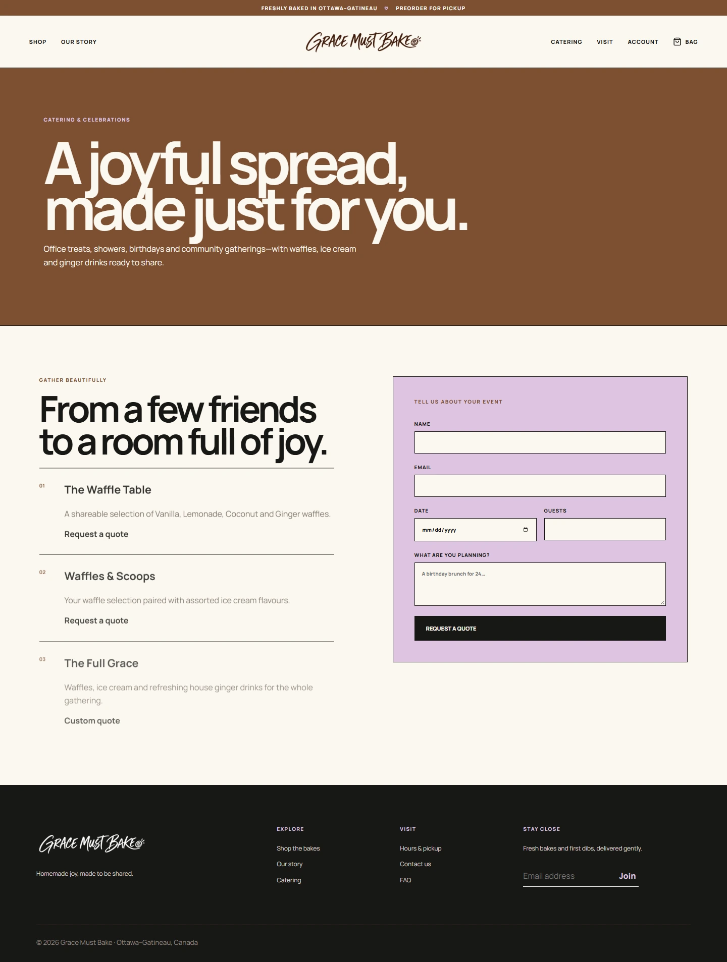 Grace Must Bake — Bakery ecommerce website — CATERING desktop screenshot