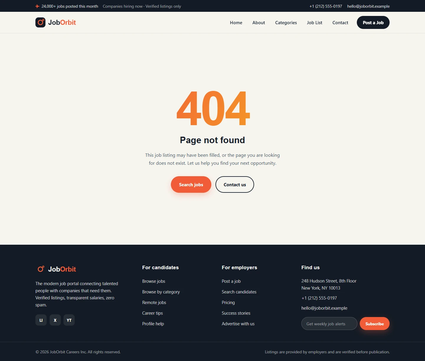 Job portal website demo: 404 desktop page