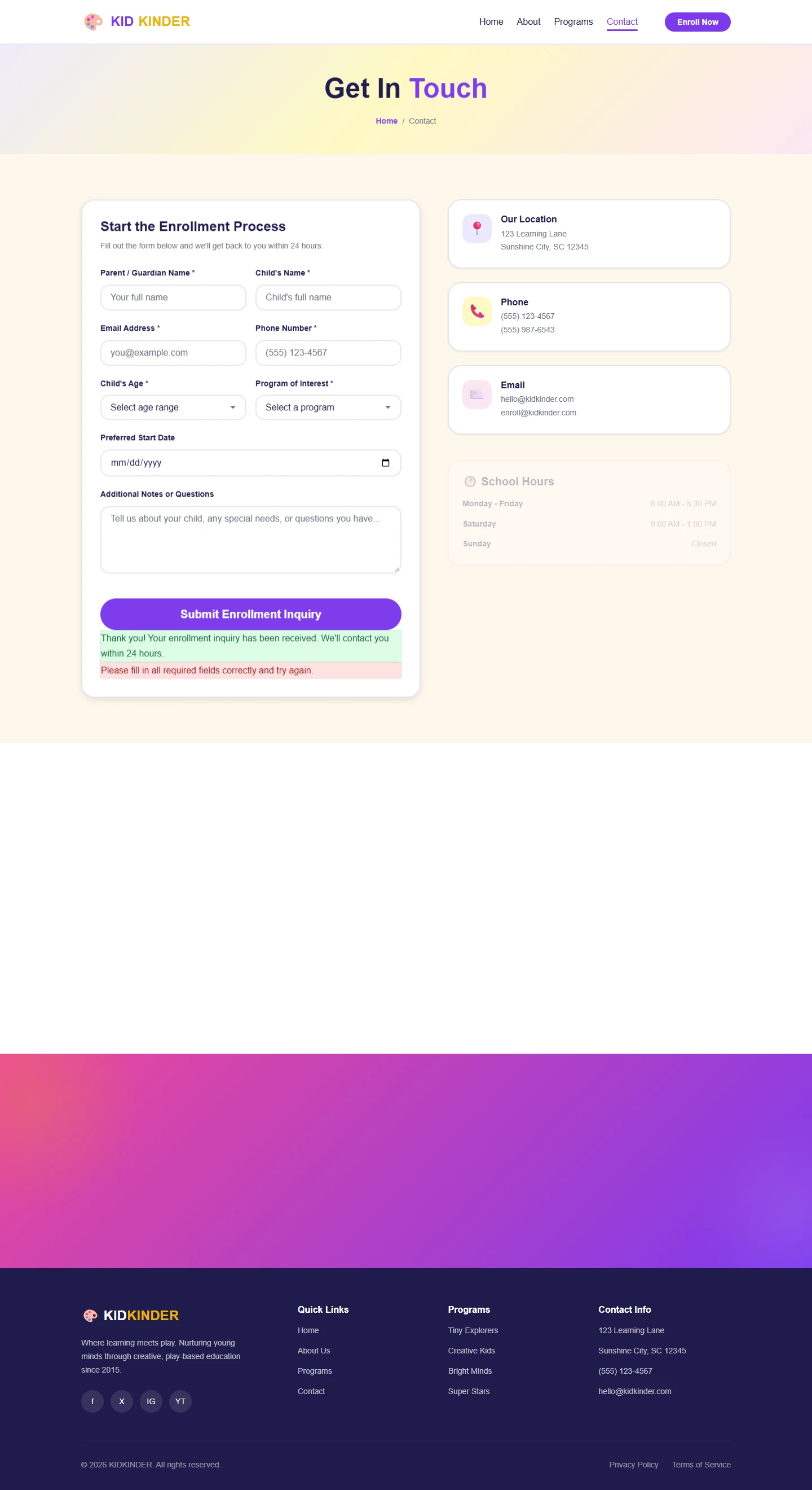 Children education website demo: Contact desktop page