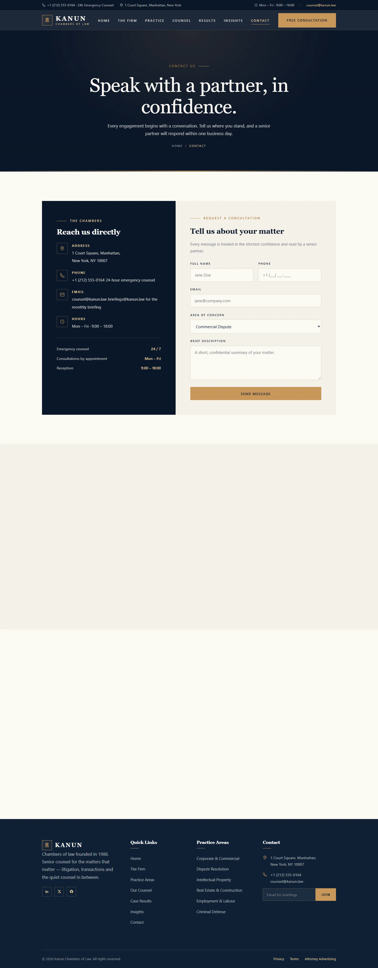 Law firm — Law firm website: Contact desktop page
