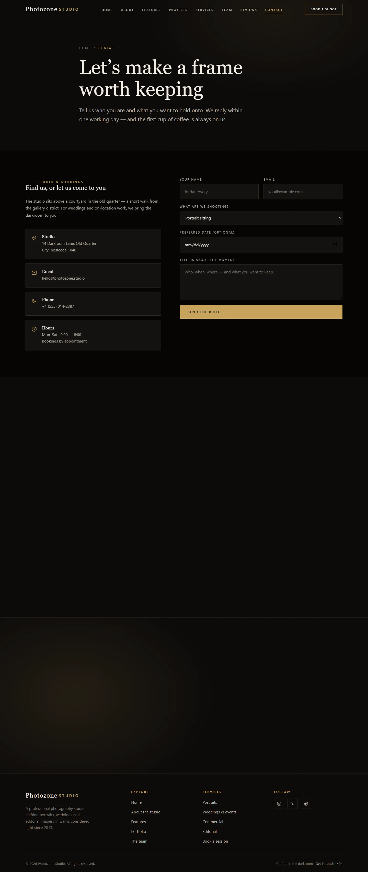 Photography studio — Photography studio website: Contact desktop page