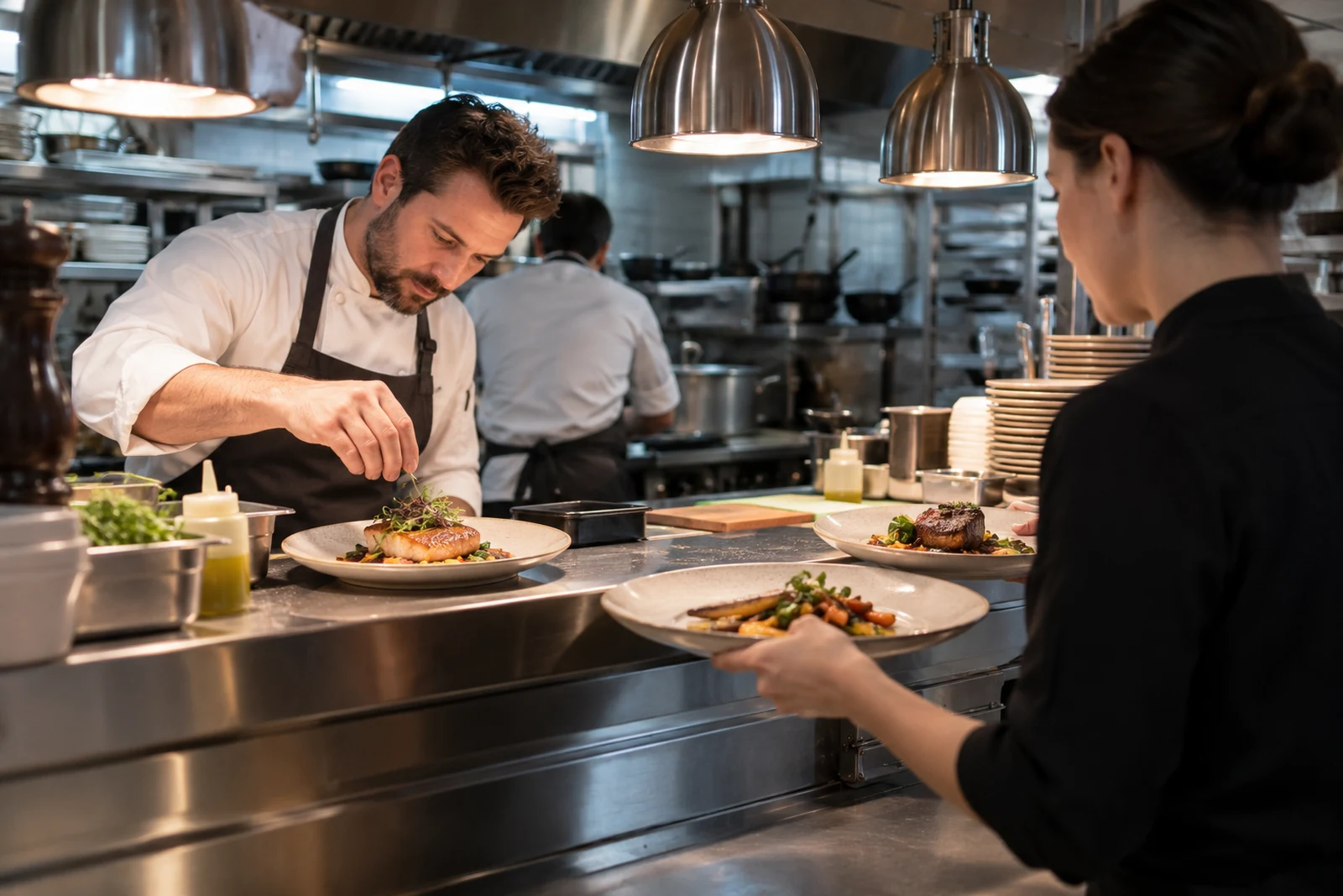 Chef preparing dishes at a restaurant kitchen pass