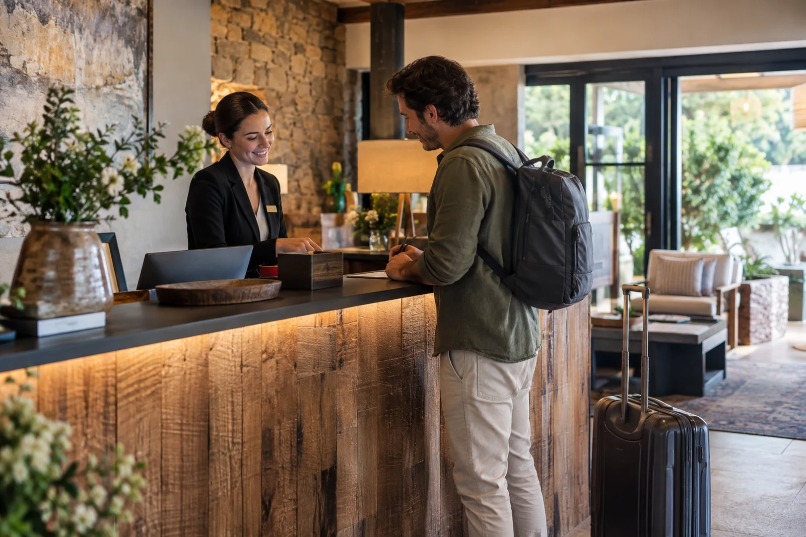 Guest arriving at a boutique hotel reception