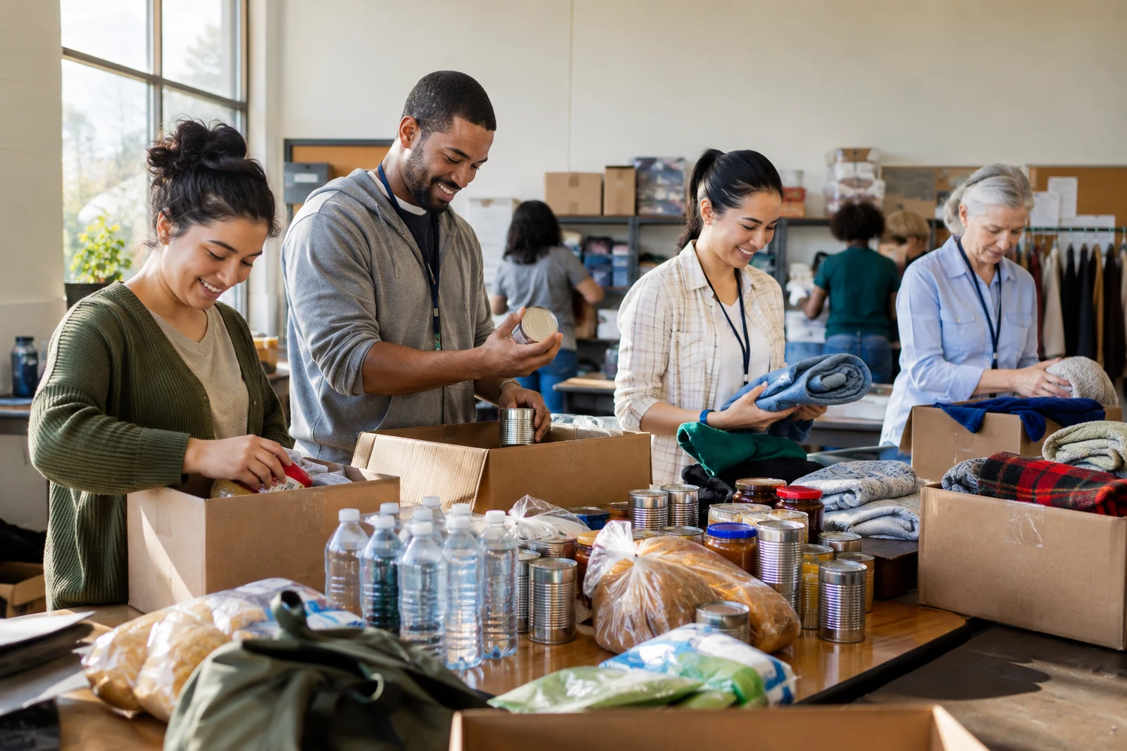 Community volunteers organizing supplies in a local hall