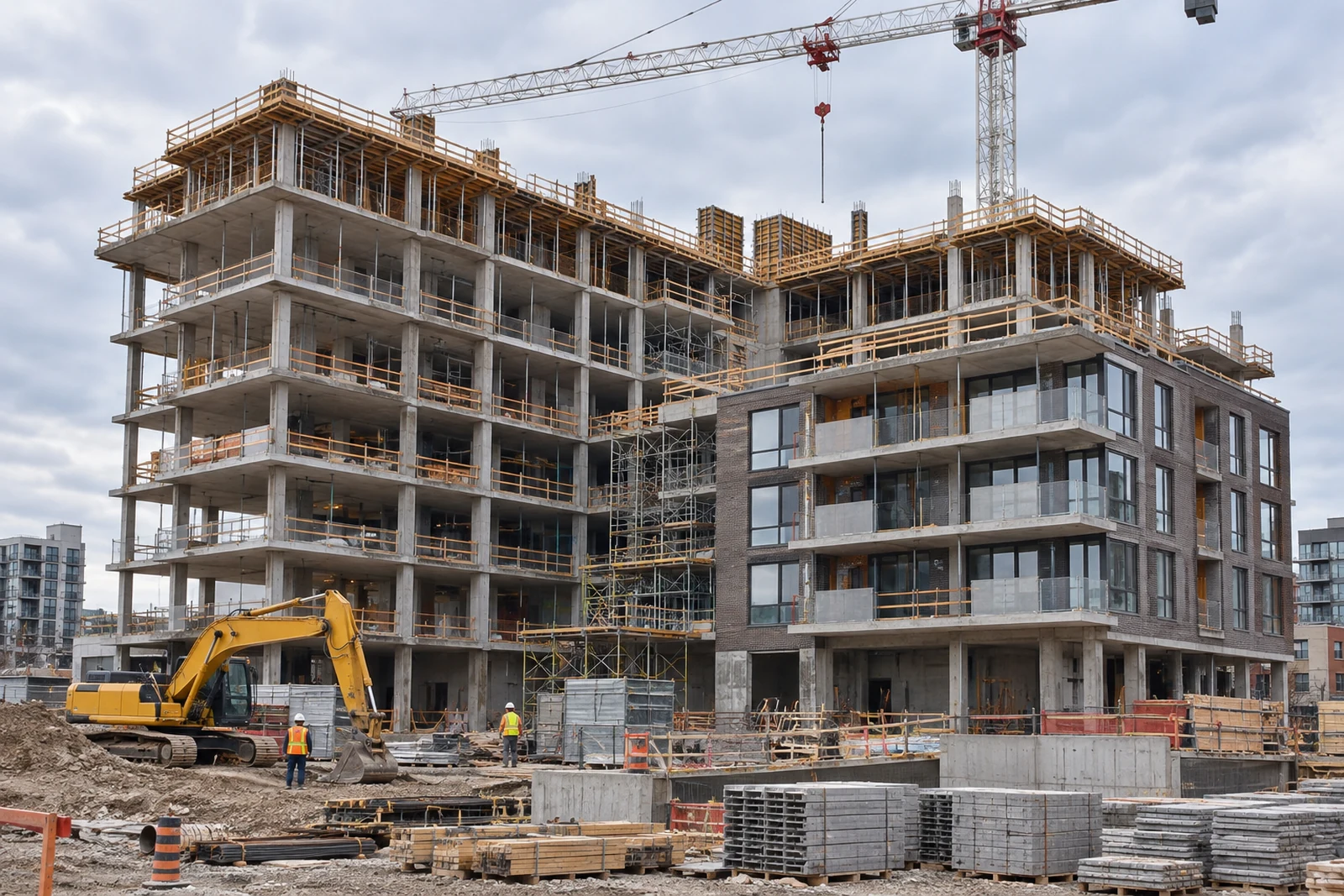 Residential building under construction with scaffolding, a crane, an excavator and site workers