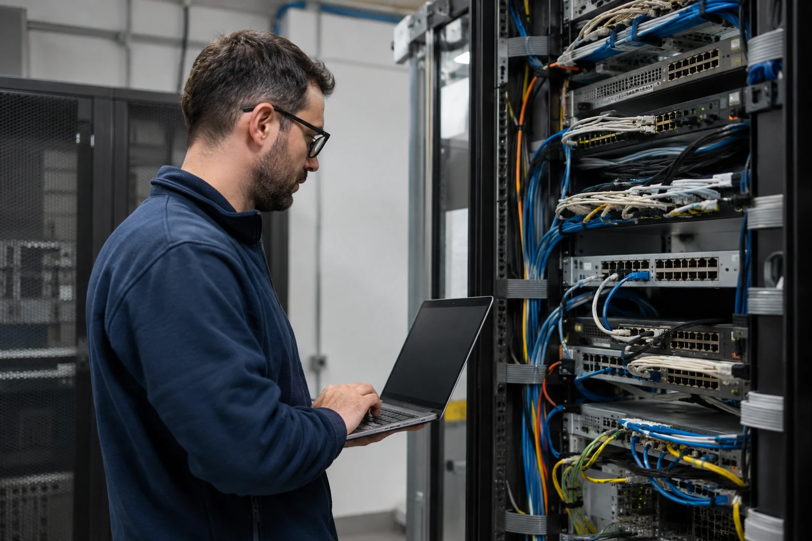 Engineer inspecting servers and network equipment