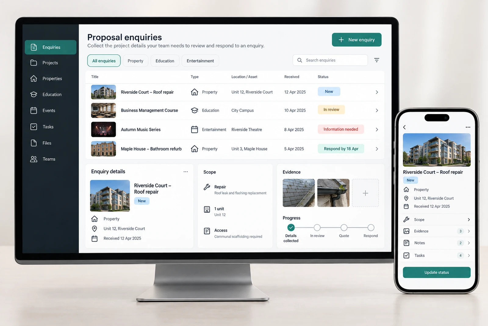 B2B & professional services — Proposal enquiries interface concept