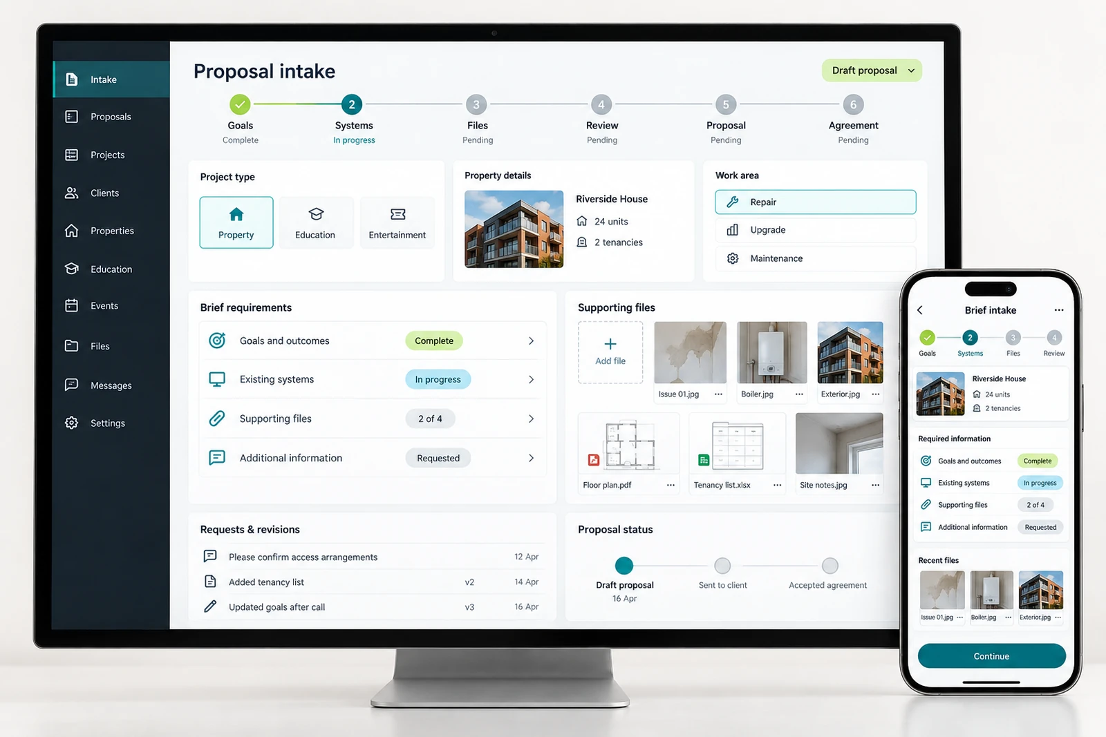 B2B & professional services — Proposal and brief intake interface concept