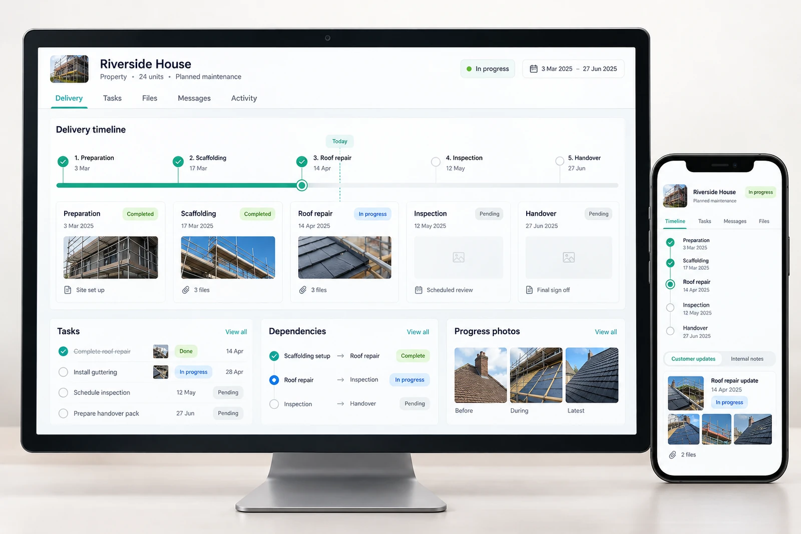 B2B & professional services — Delivery progress dashboard interface concept