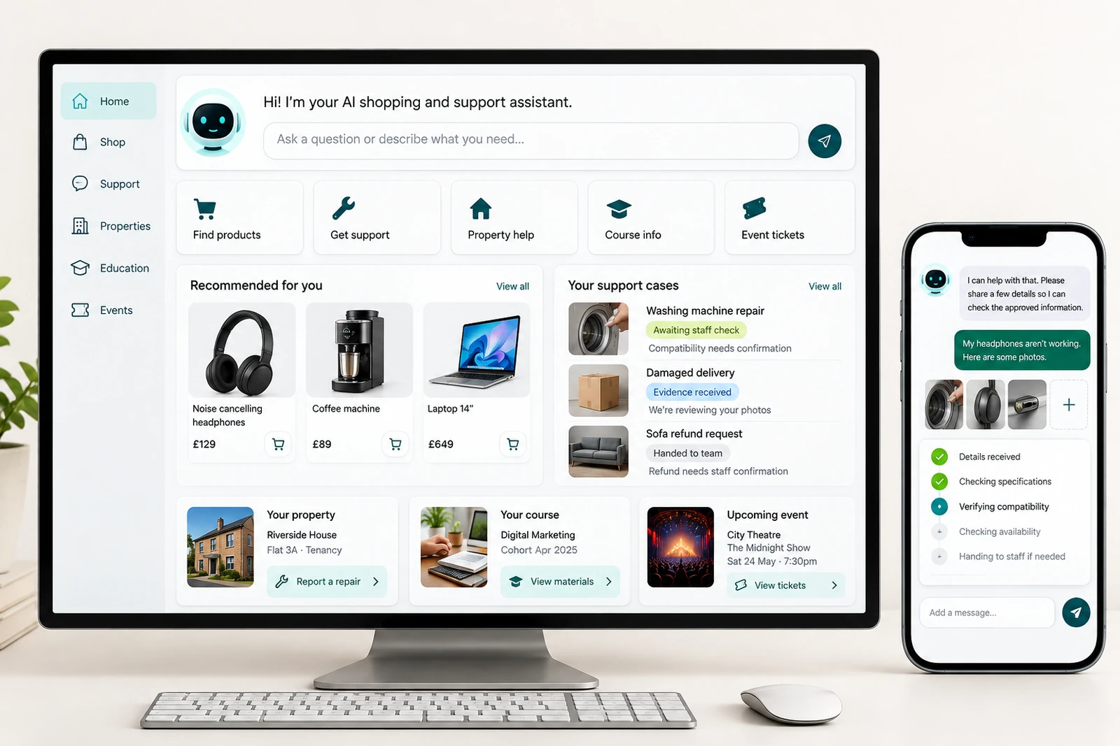 Consumer businesses — AI shopping and support assistant interface concept
