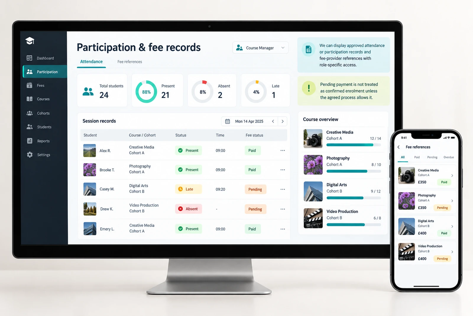 Education & learning — Participation and fee records interface concept