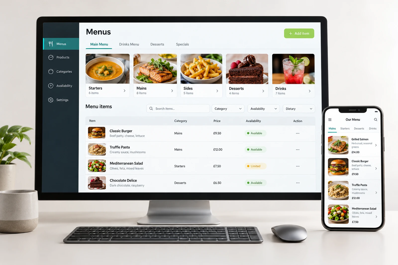 Food & beverage — Menus and product ranges interface concept