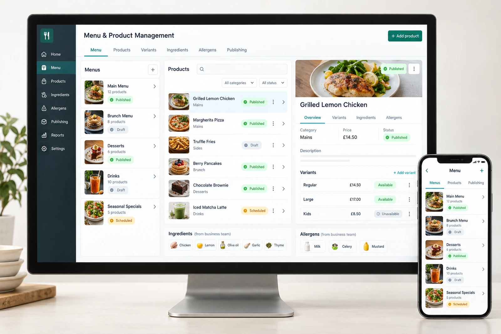 Food & beverage — Menu and product management interface concept