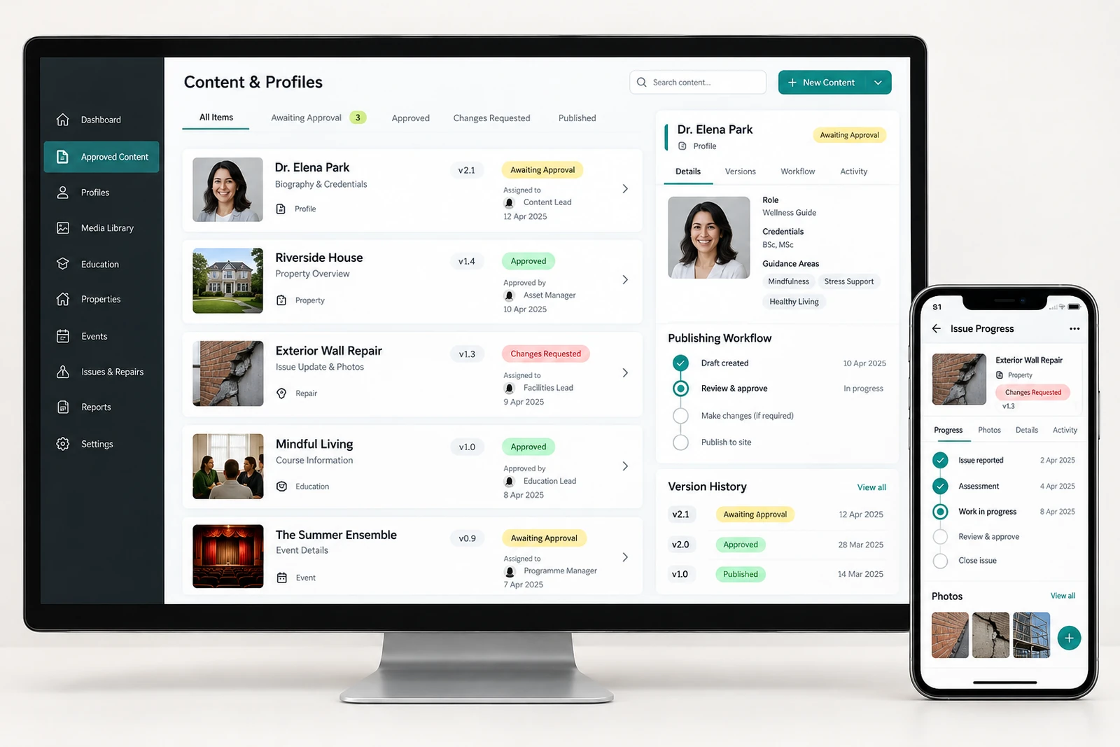 Health & wellness — Approved content and profile management interface concept