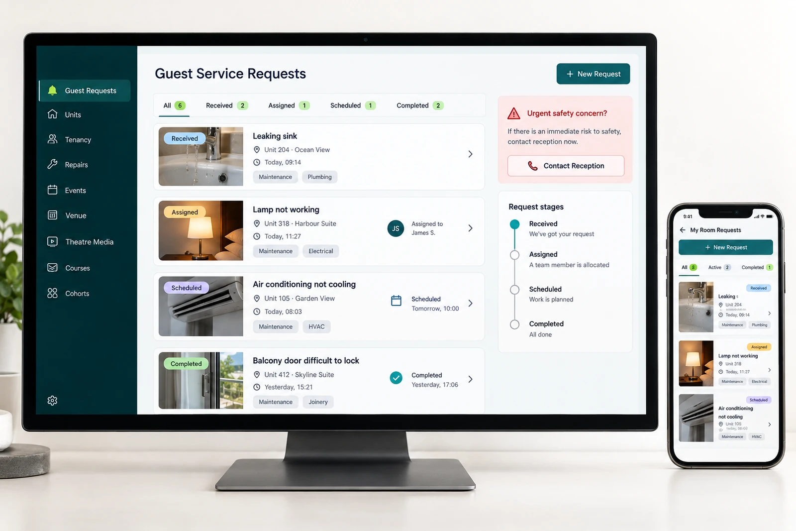 Travel & hospitality — Guest service requests with evidence interface concept