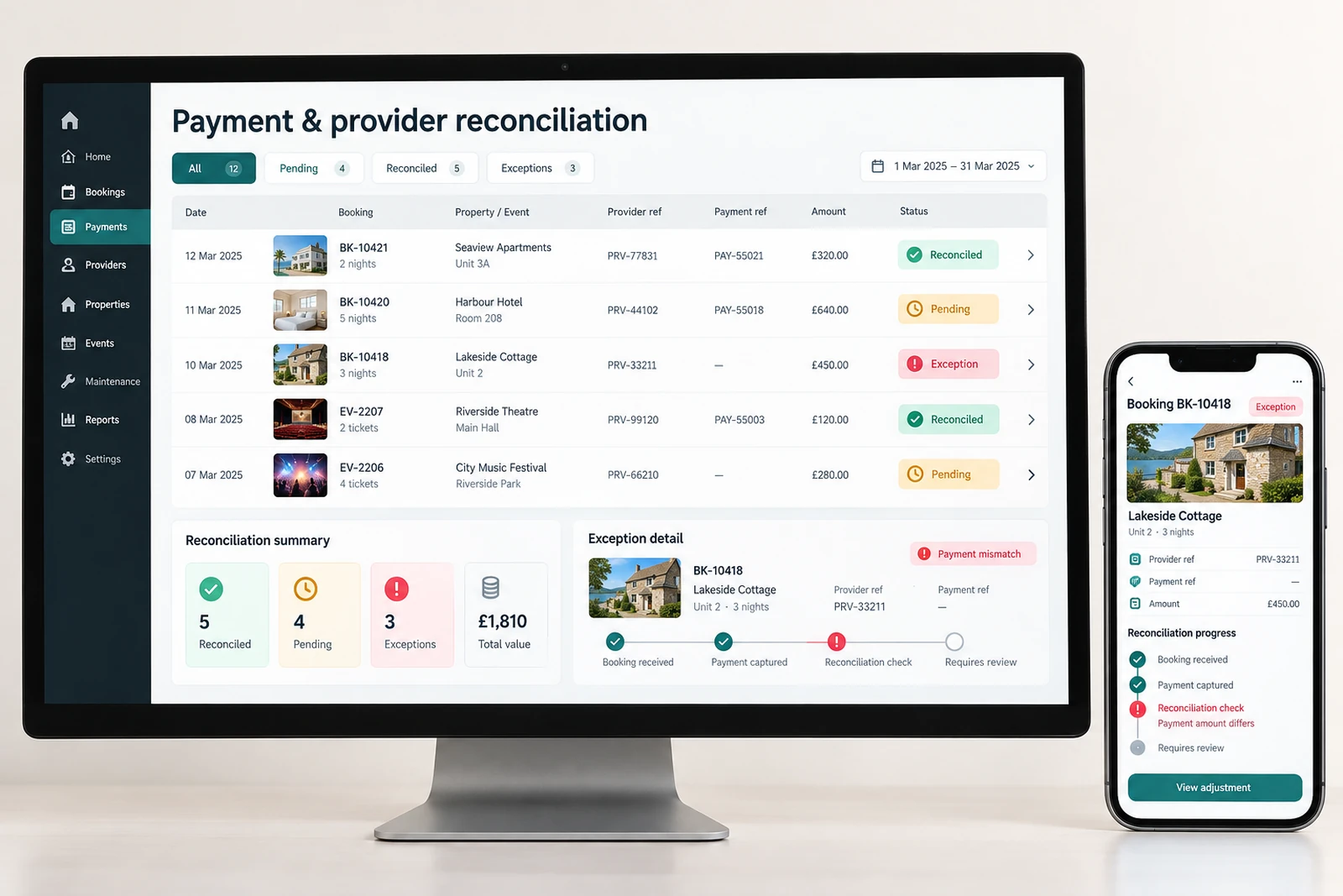 Travel & hospitality — Payment and provider reconciliation interface concept