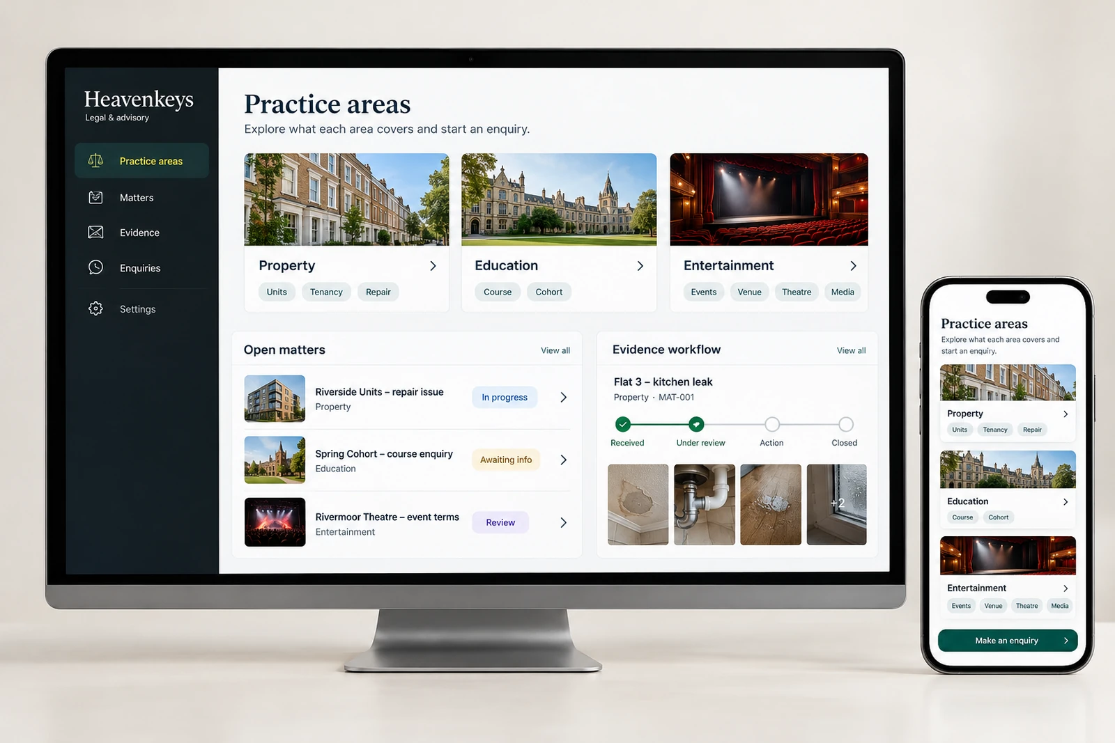 Legal & advisory — Practice-area pages interface concept