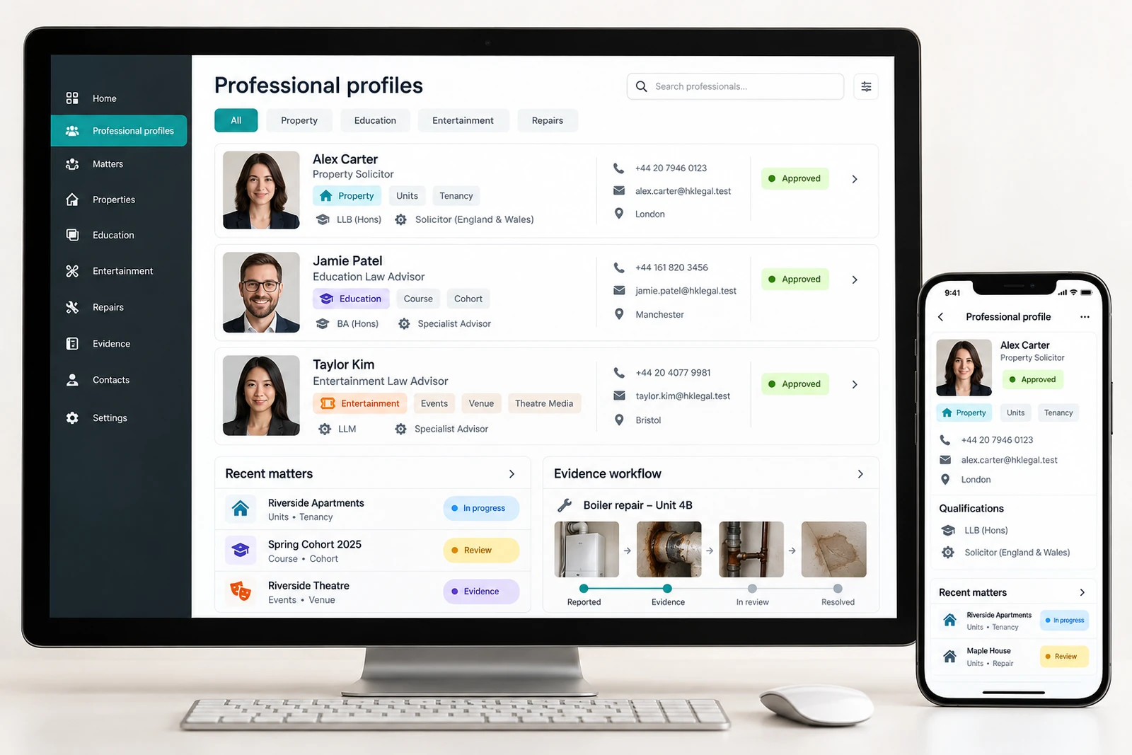 Legal & advisory — Professional profiles interface concept