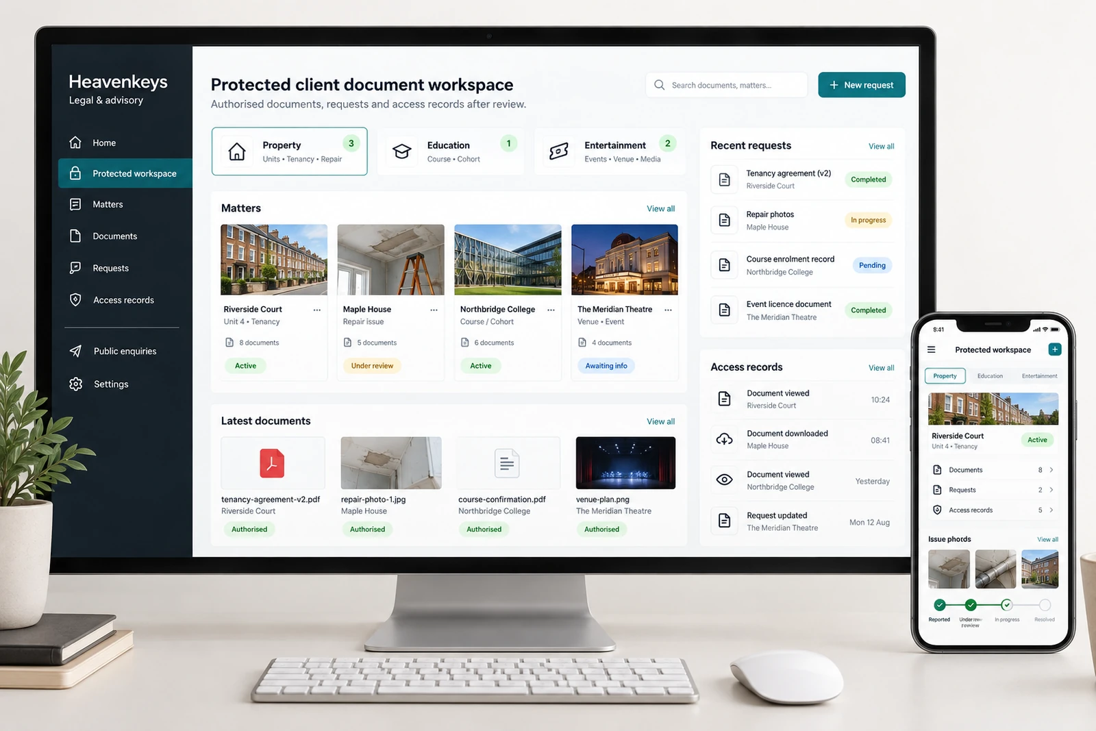 Legal & advisory — Protected client document workspace interface concept