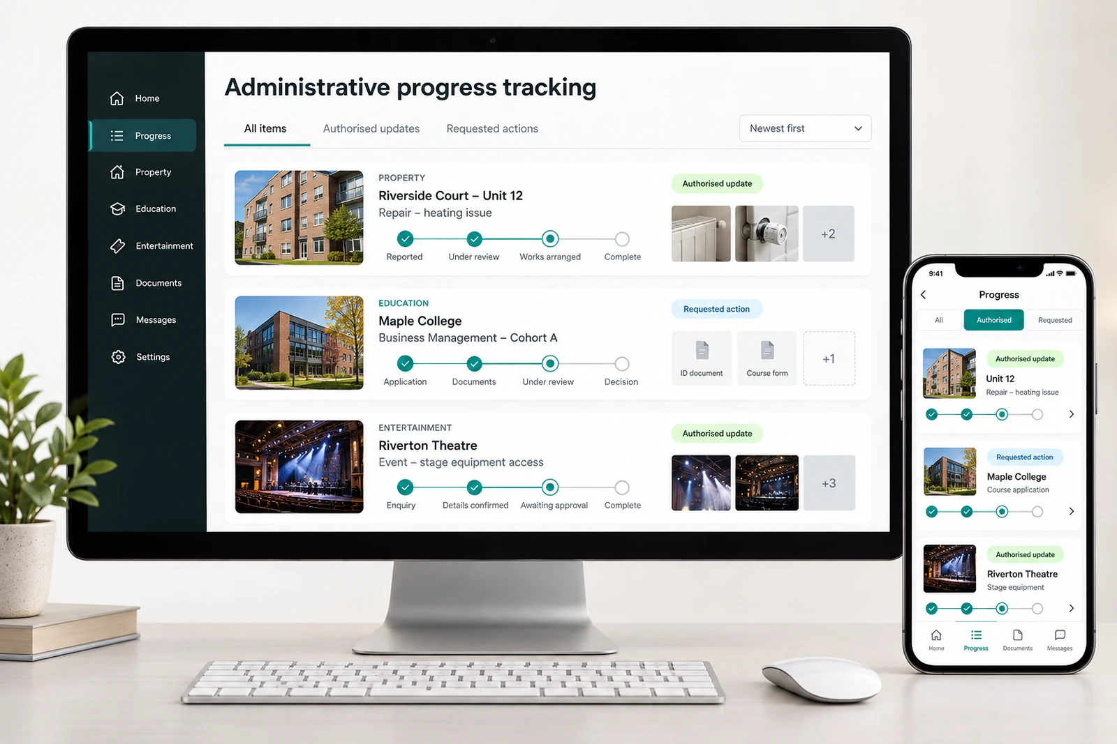Legal & advisory — Administrative progress tracking interface concept