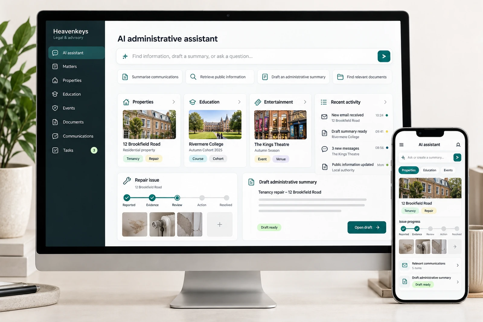 Legal & advisory — AI administrative assistant interface concept