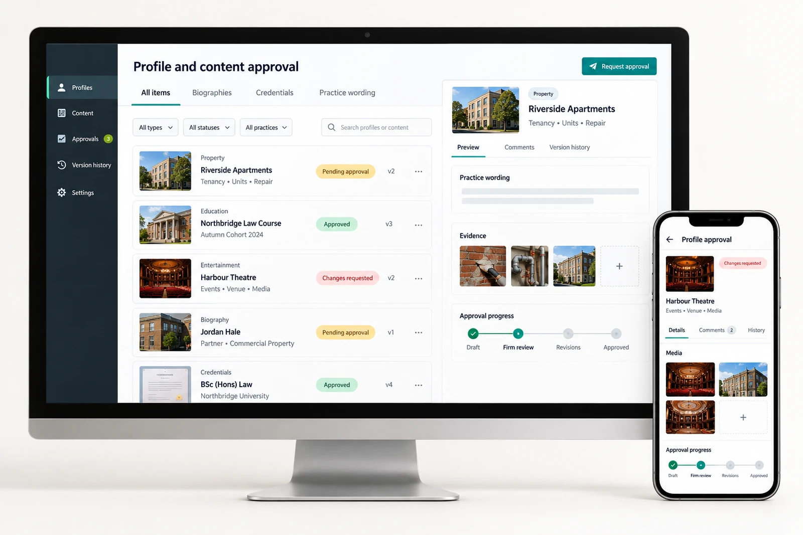 Legal & advisory — Profile and content approval interface concept