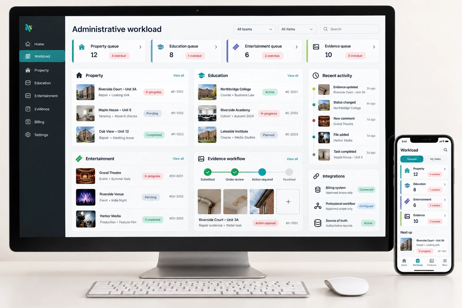 Legal & advisory — Administrative workload dashboard interface concept